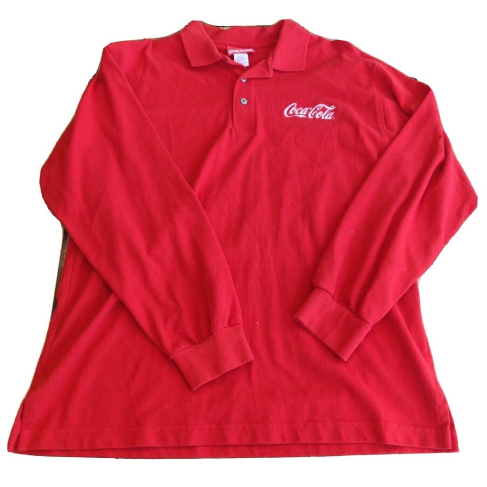 Coca-Cola Men's Polo Shirt Long Sleeve Red Size L White Coca Cola Logo.